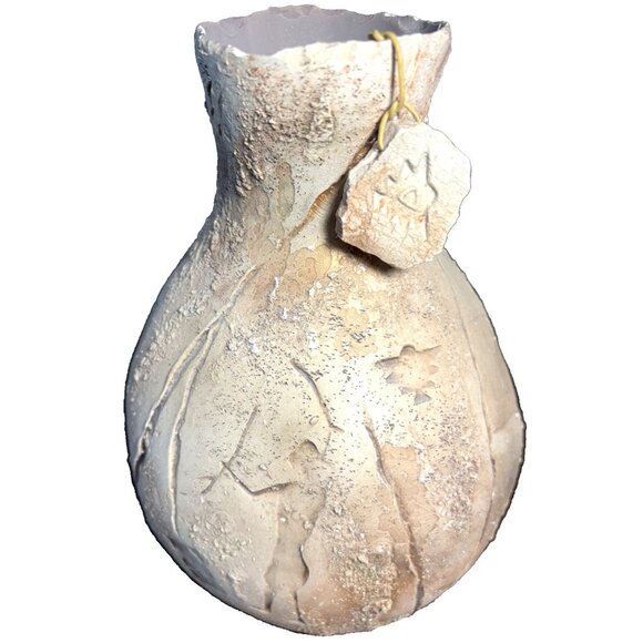Raku Studio Crackle Studio Pottery Artisan Signed Primitive Aztec 8.5” Vase - Picture 1 of 8